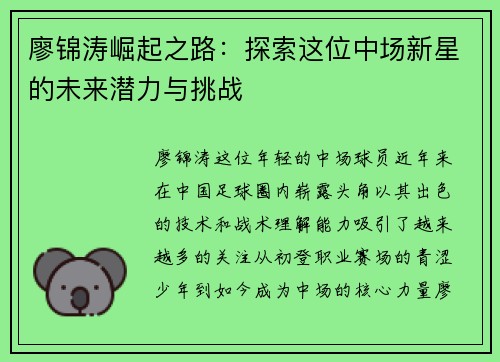 廖锦涛崛起之路：探索这位中场新星的未来潜力与挑战
